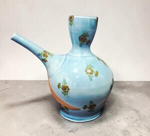 Vintage Ceramic Cruet Dispenser Long Spout Light Blue Floral Oil Vinegar Syrup